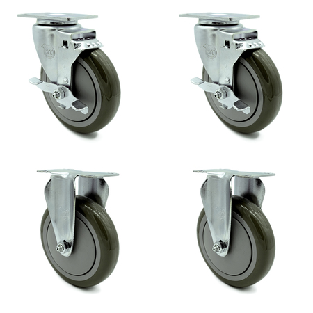5 Inch Gray Polyurethane Swivel Top Plate Caster Set with 2 Brakes 2 Rigid SCC -  SERVICE CASTER, SCC-20S514-PPUB-TLB-2-R514-2